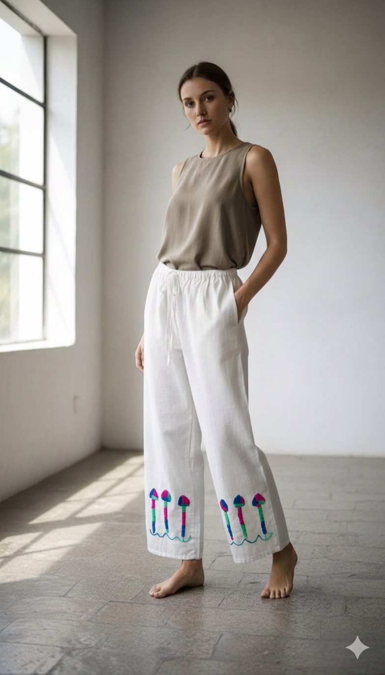 Cotton trousers and embroidered mushrooms