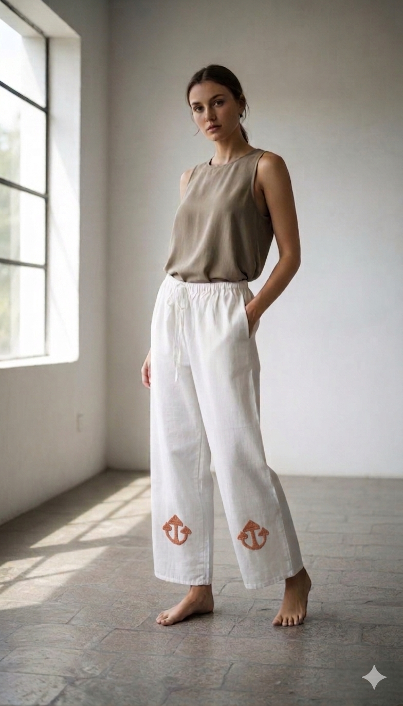 Cotton trousers and embroidered mushrooms