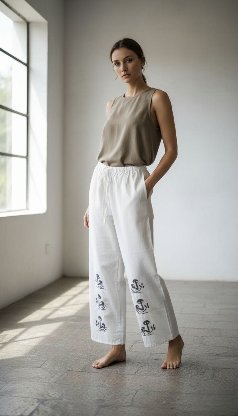 Cotton trousers and embroidered mushrooms