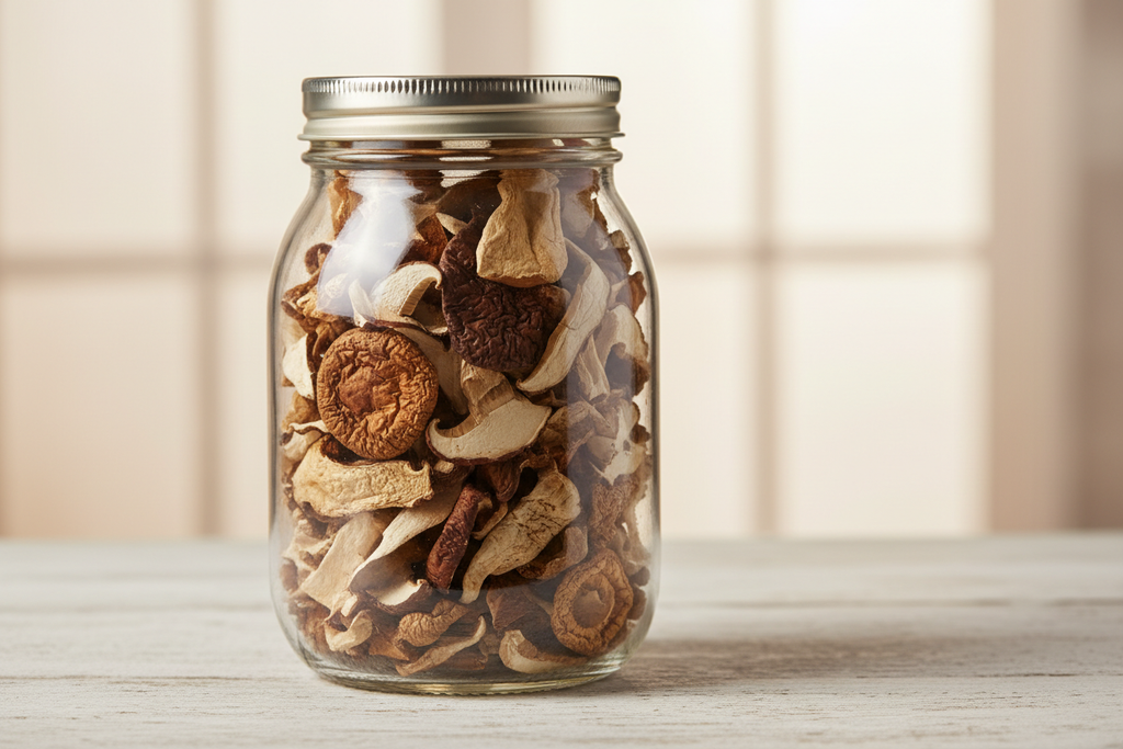 imagen de frasco de cristal con hongos deshidratados dentro